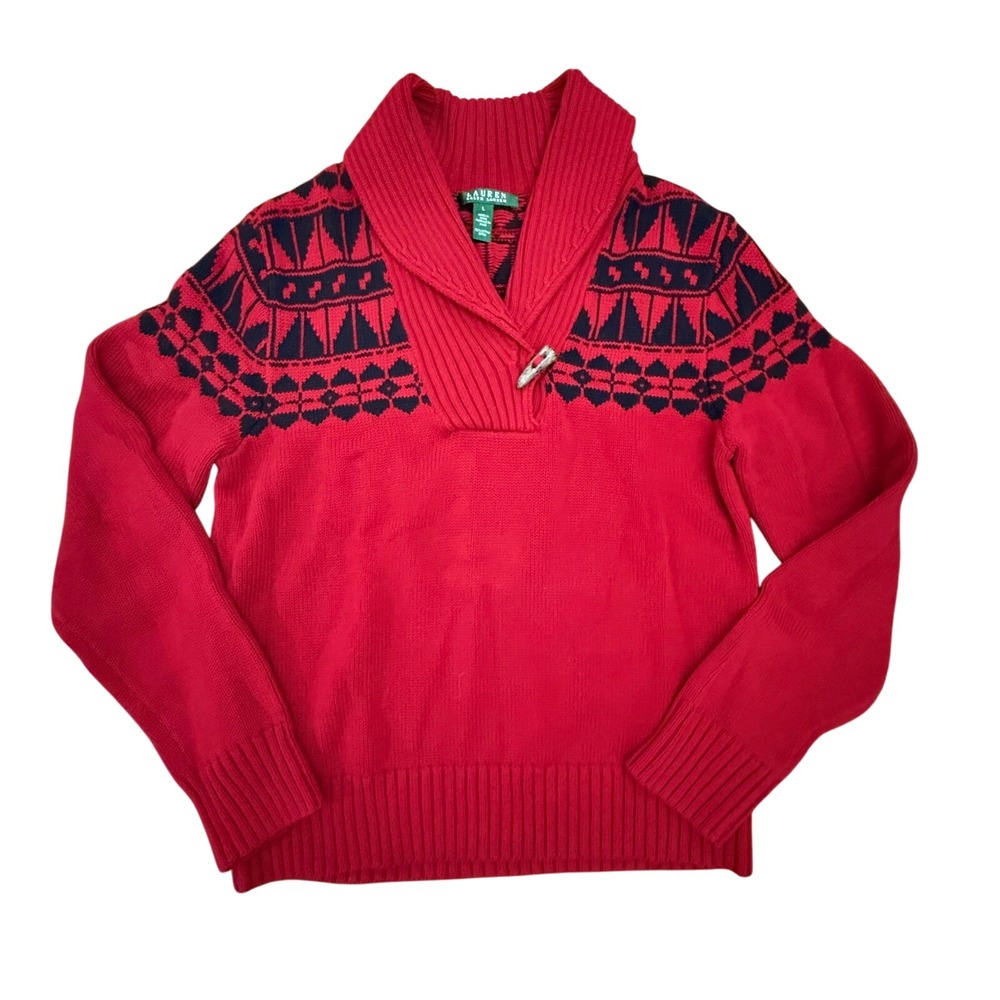 Lauren Ralph Lauren Sweater Womens Red Fair‎ Isle Shawl Collar Knit Large